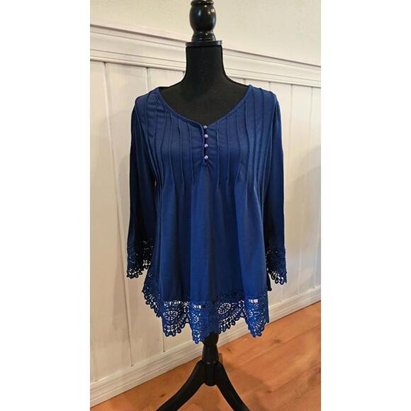 Allegra K Ruched Henley Top Lace Trim - Picture 1 of 2